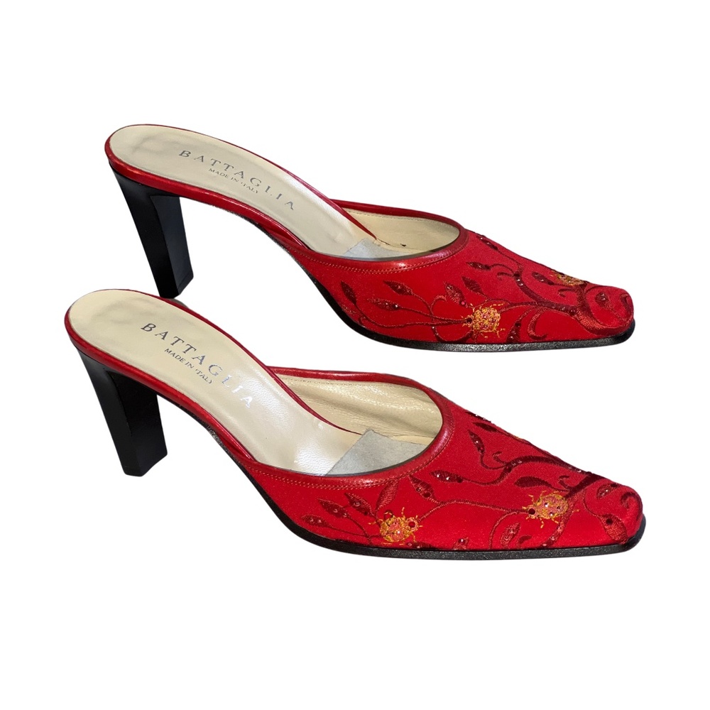 RARE Battaglia Womens Red Satin Embroidered Kitten Heels (S) 37.5 Handmade Italy